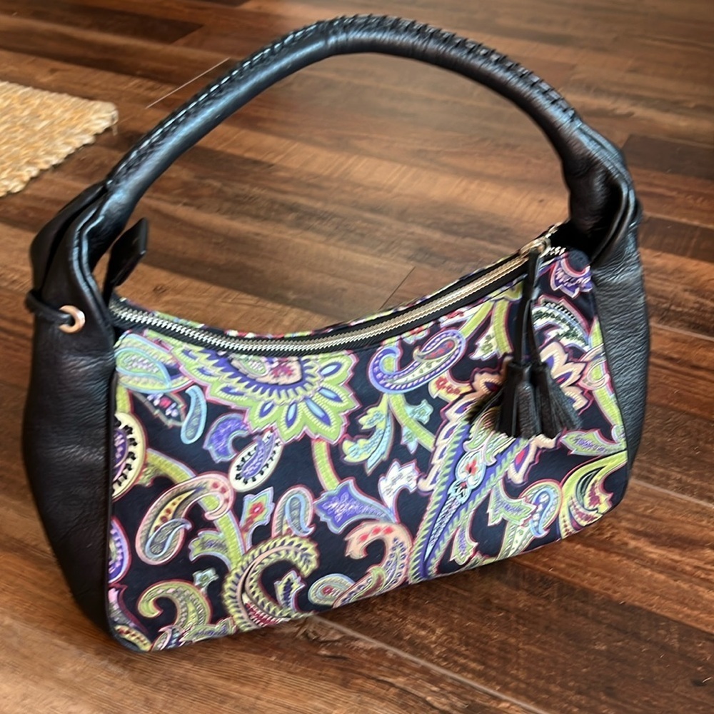 Talbots Black Leather Paisley Satin Mixed Media Boho Shoulder Bag Multicolor
